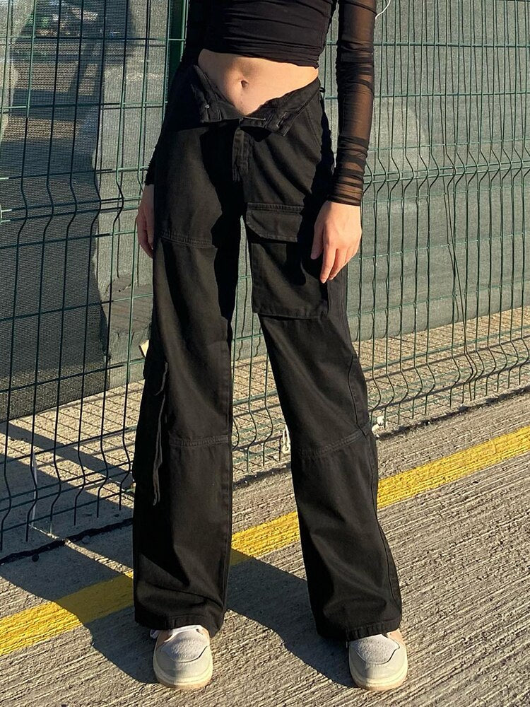 Low Rise Black Jeans Baggy Pocket
