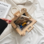 Wooden Straw Clip Bag Pearl Bag