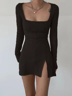 Square Neck Ribbed Black Dress