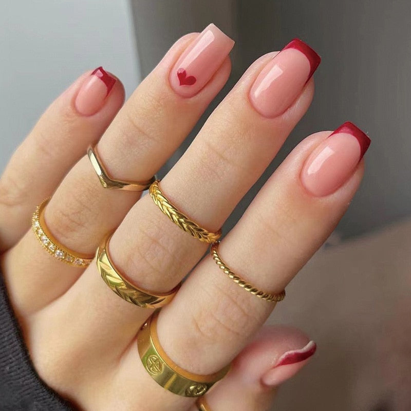 24Pcs Red Heart French Square Press On Nails
