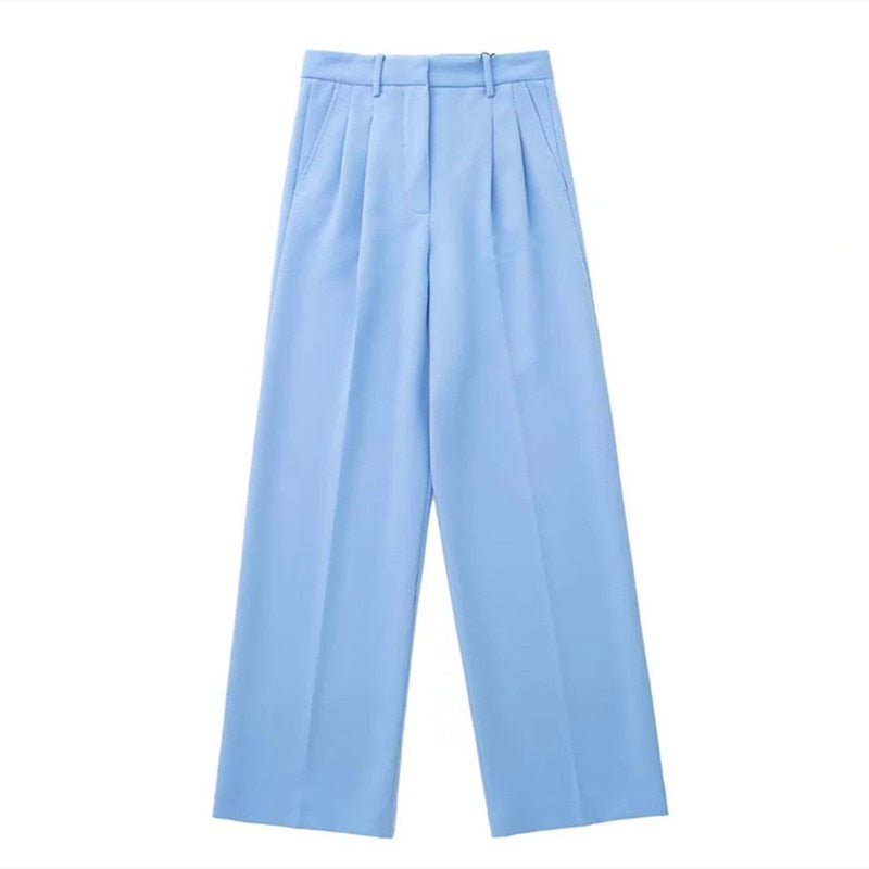Sky Blue Loose Blazer / High Waist Straight Pants Set