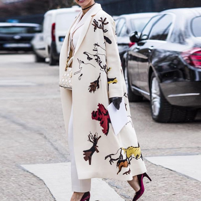 Pattern Print Long Woolen Coat