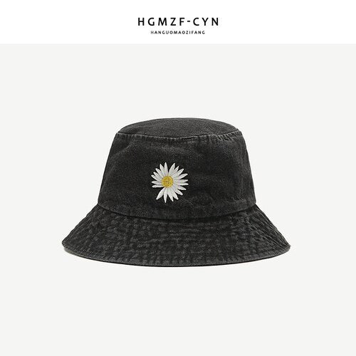 Denim Daisy Embroidery Bucket Hat