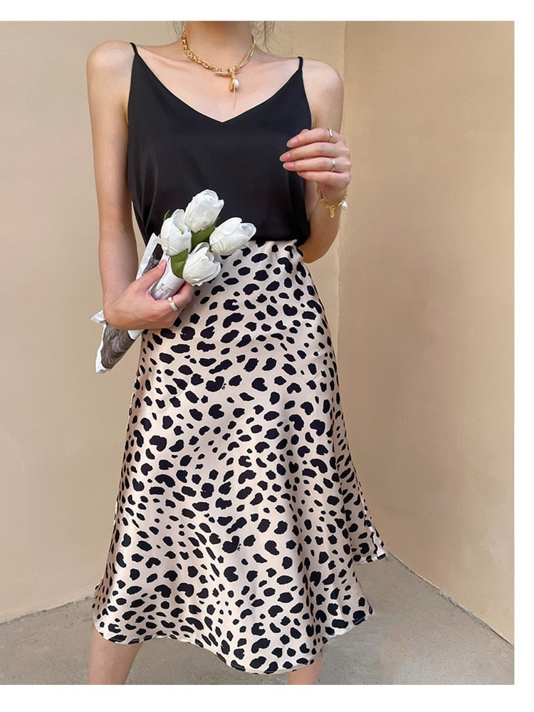 Slik Satin Leopard Print Midi Skirt