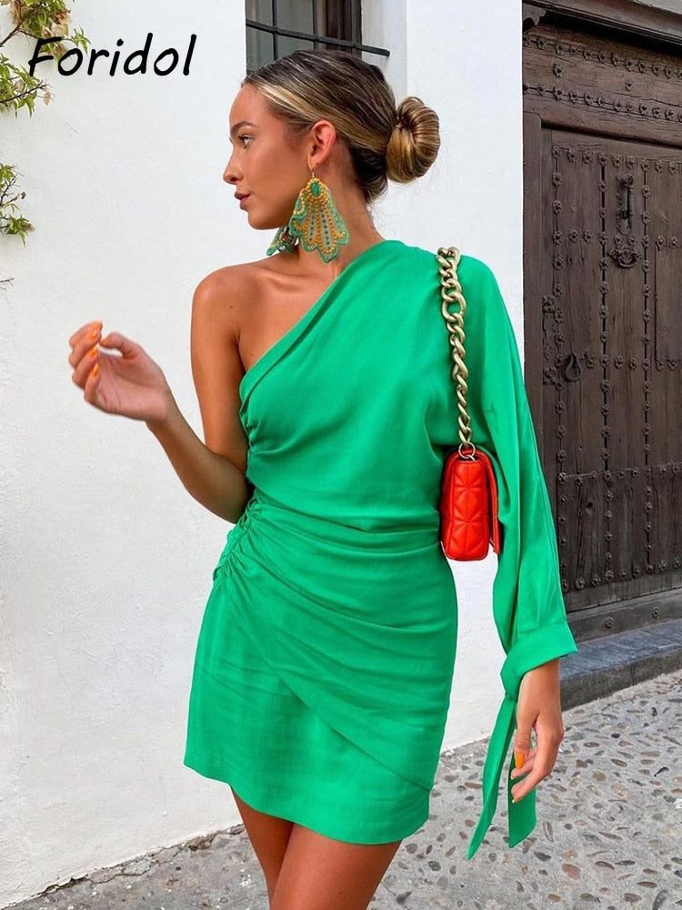 Green Lace Up One Shoulder Dress