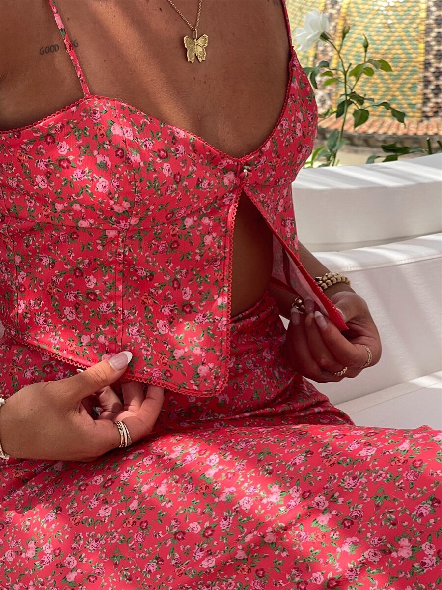 Pink Floral Print Spaghetti Straps Two Piece Set