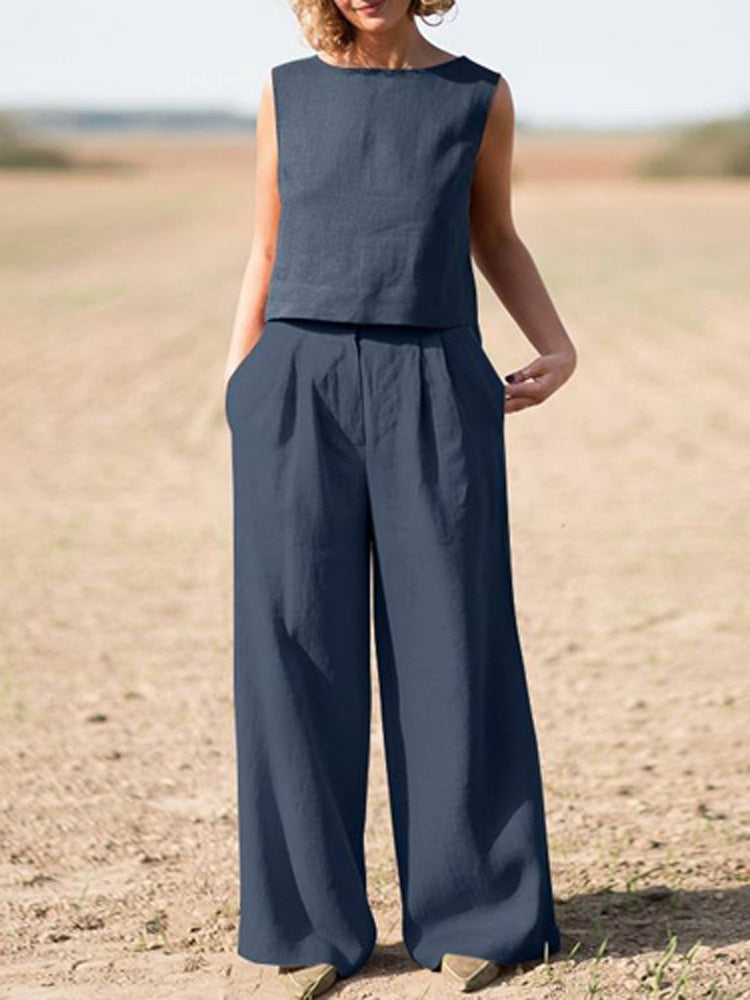 Dark Blue Cotton Linen Two Piece Set