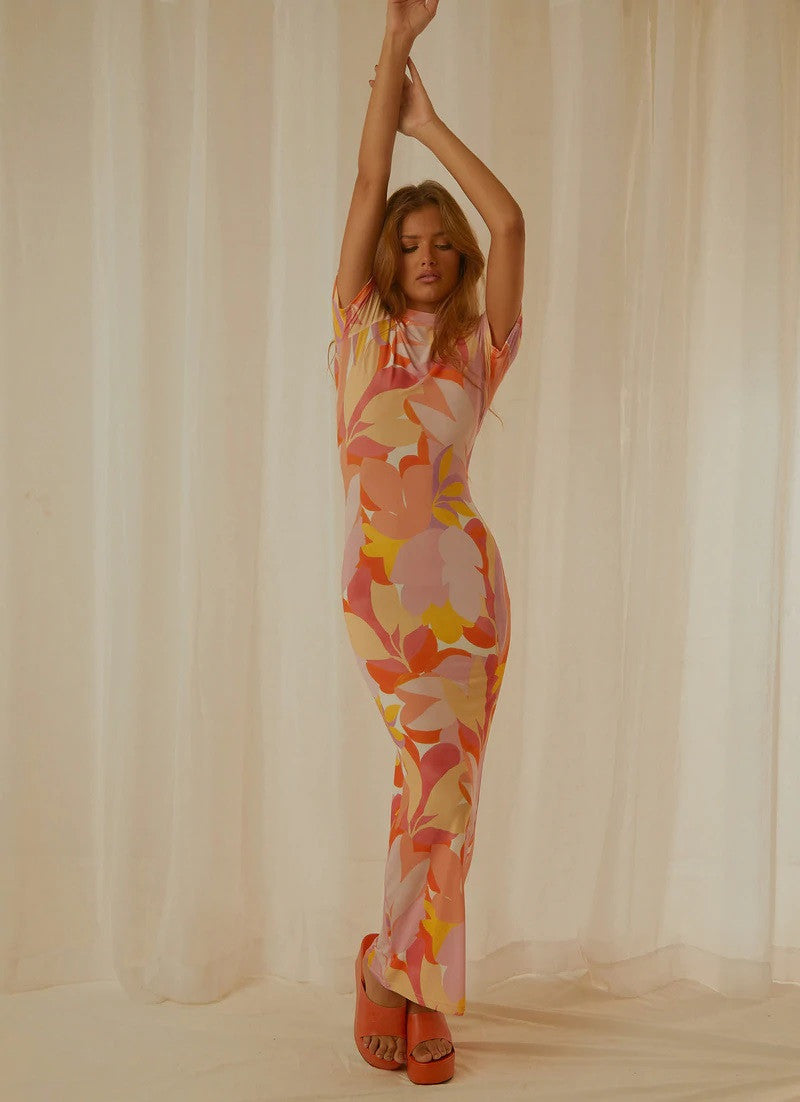 Orange/Pink Graphic Print Maxi Dress