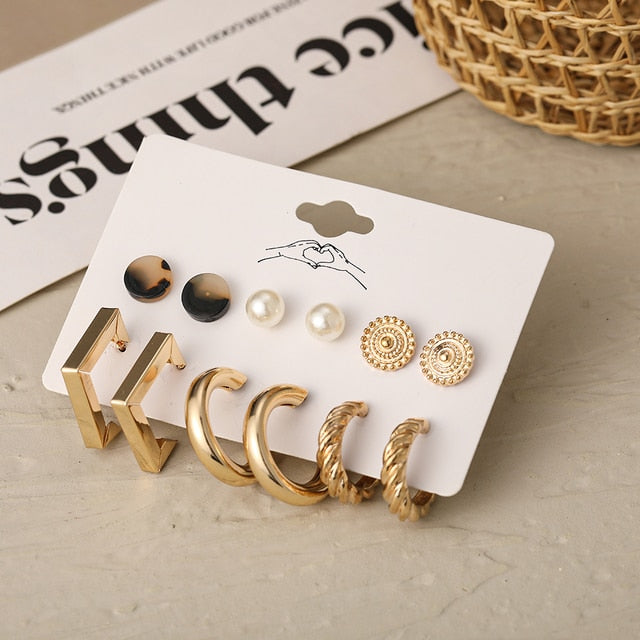 Gold Pearl Hoop Earrings Set