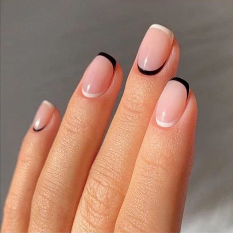 24pcs Black/White French Press On Nails