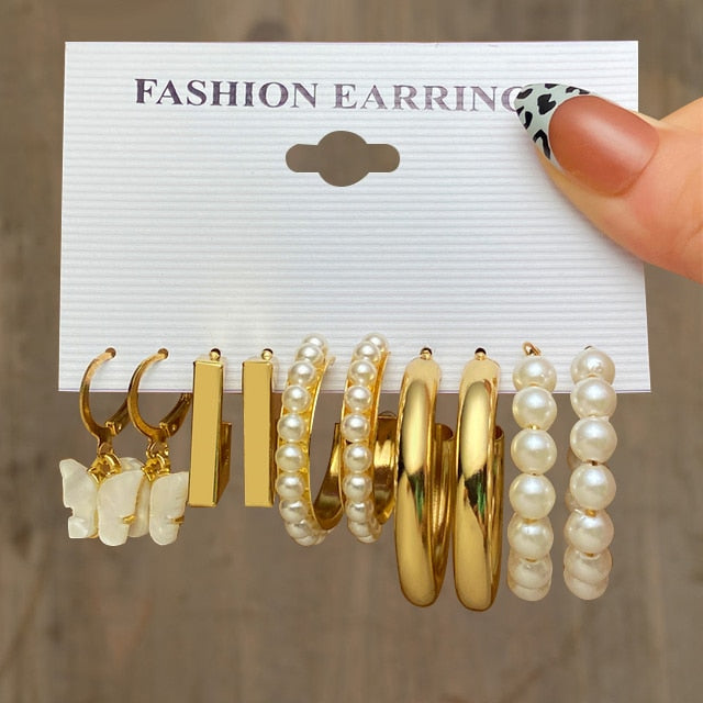 Gold Pearl Hoop Earrings Set