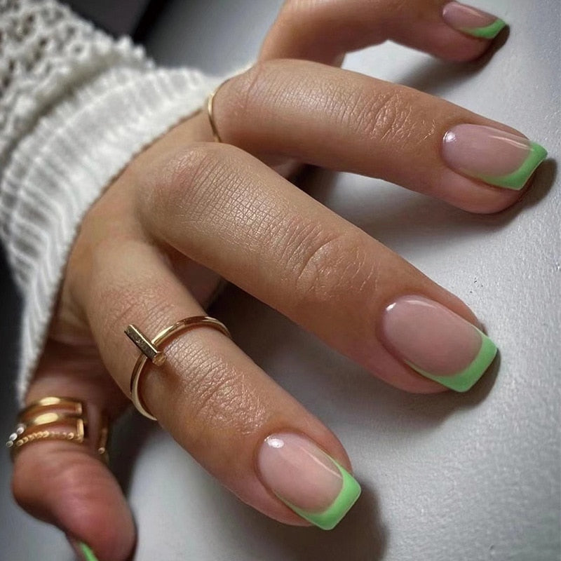 24Pcs Light Green French Square Press On Nails