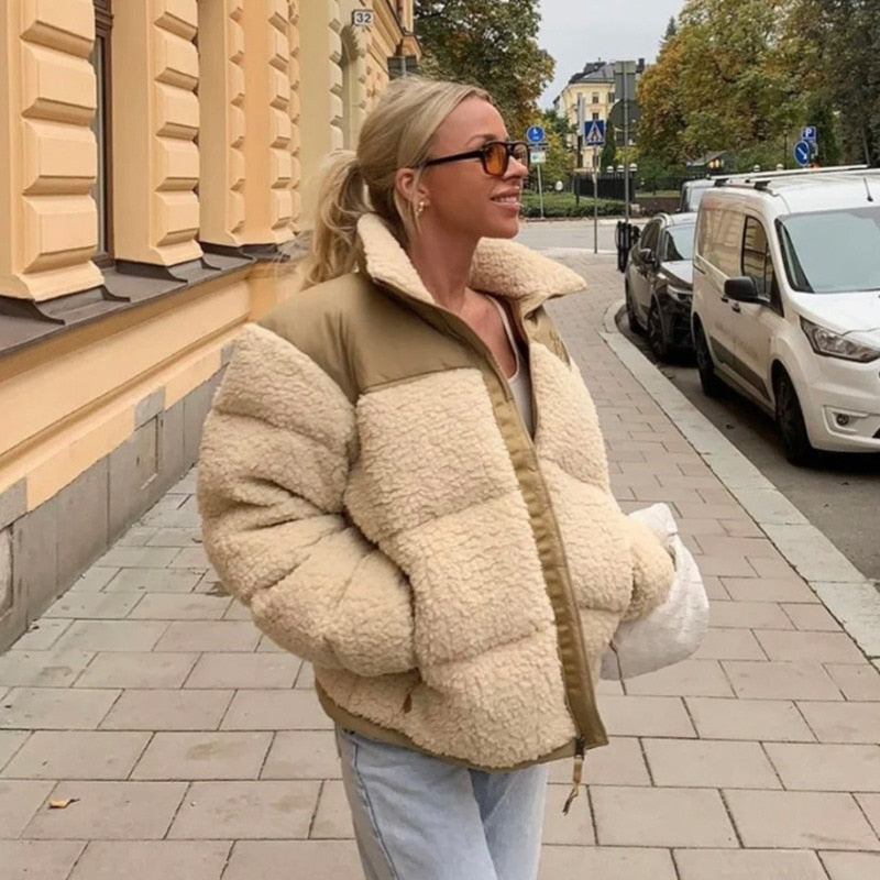 Camel Faux Fur Lamb Puffer Jacket