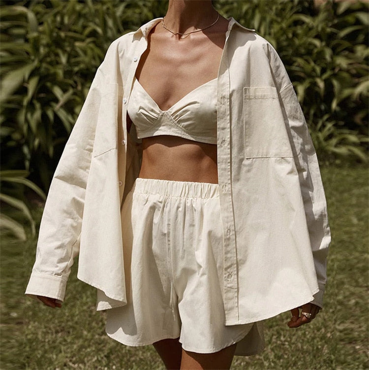 Bra Tops + Long Sleeve Shirt + Short Pants Set