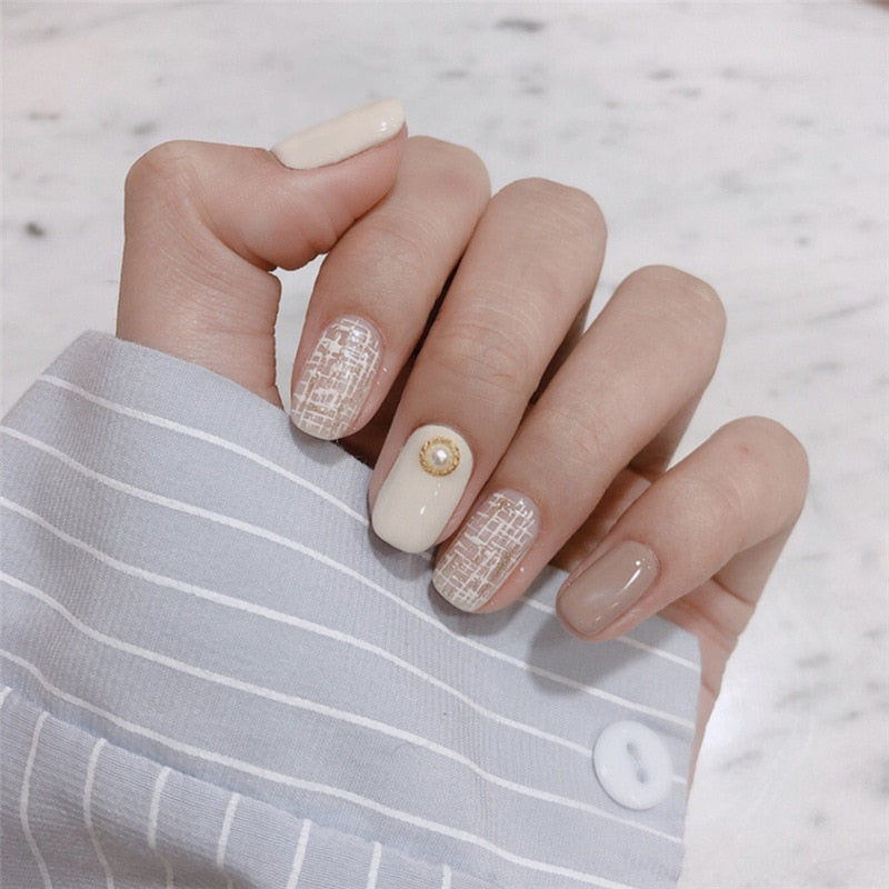 24Pcs/Box Vanilla/Beige French Square Press On Nails