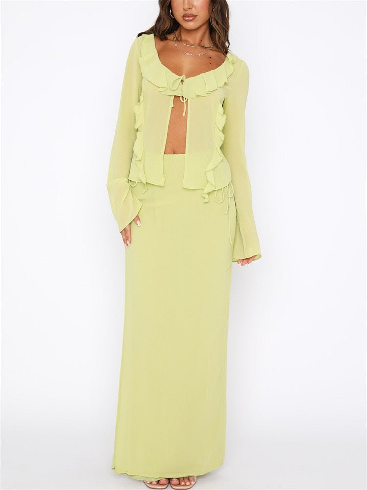 Green Mesh Ruffles Two Piece Set