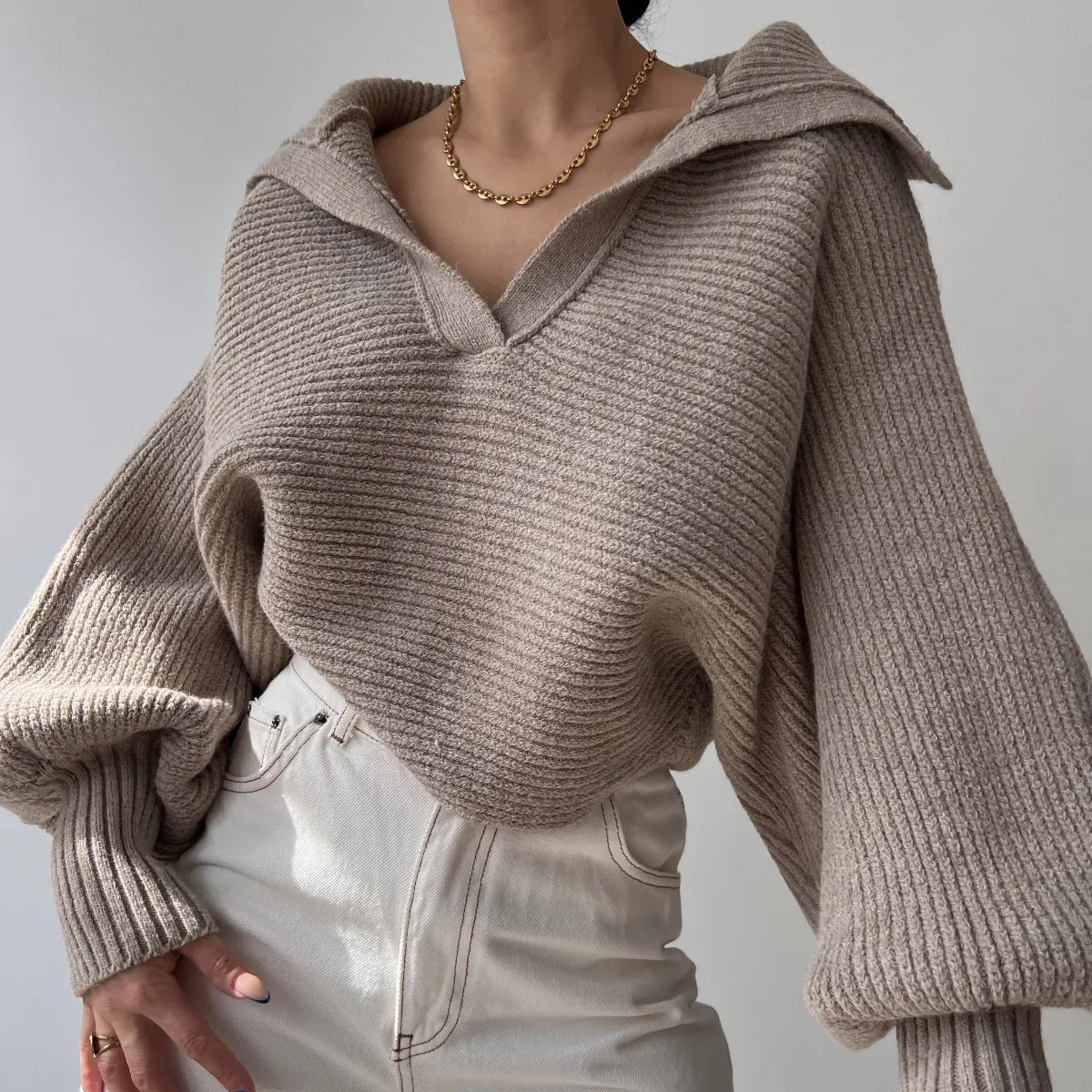 Knitted Turn Down Collar Jumper