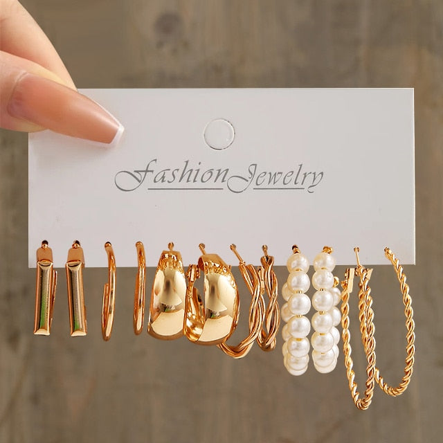 Gold Pearl Hoop Earrings Set