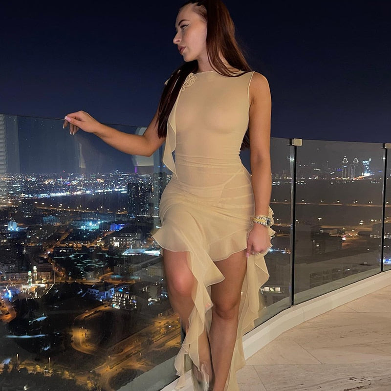 Apricot Ruffle Mesh Y2K Mini Dress
