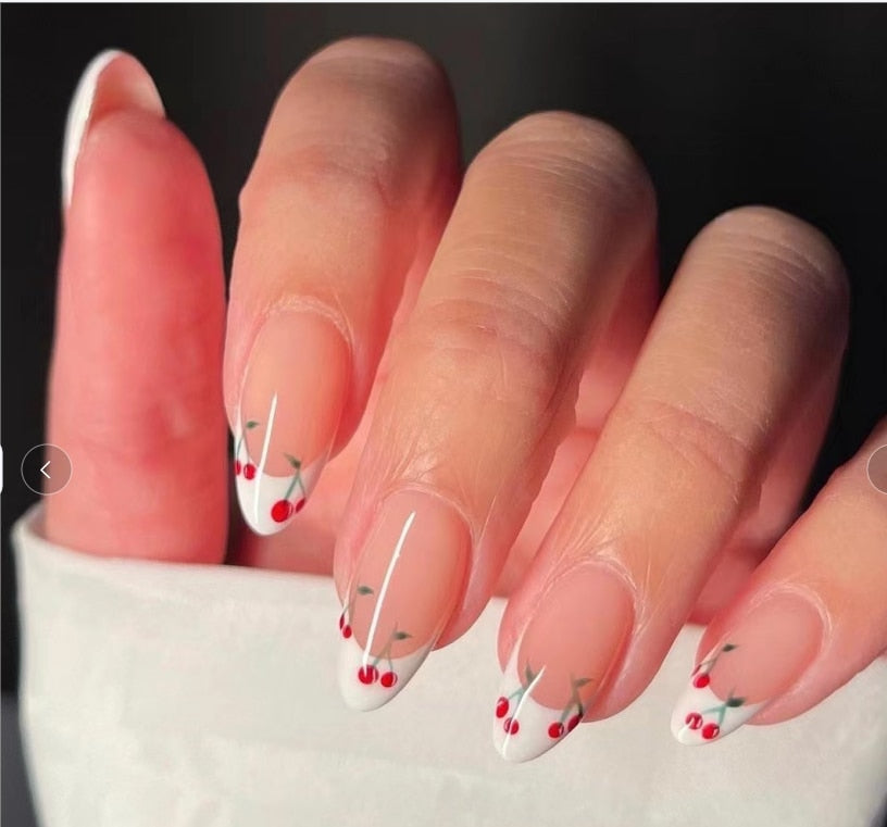 24Pcs/Set Cherry Red/White French Stiletto Nails