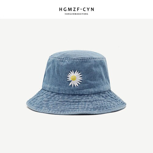 Denim Daisy Embroidery Bucket Hat