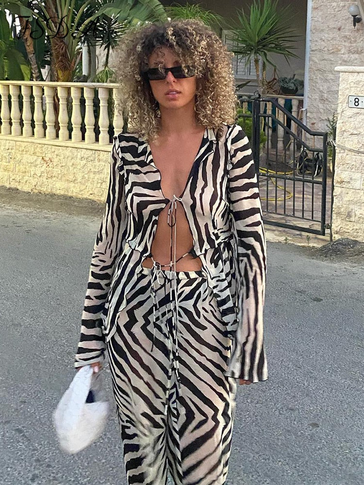Print Long Sleeve Shirt + Pants Two Piece Set