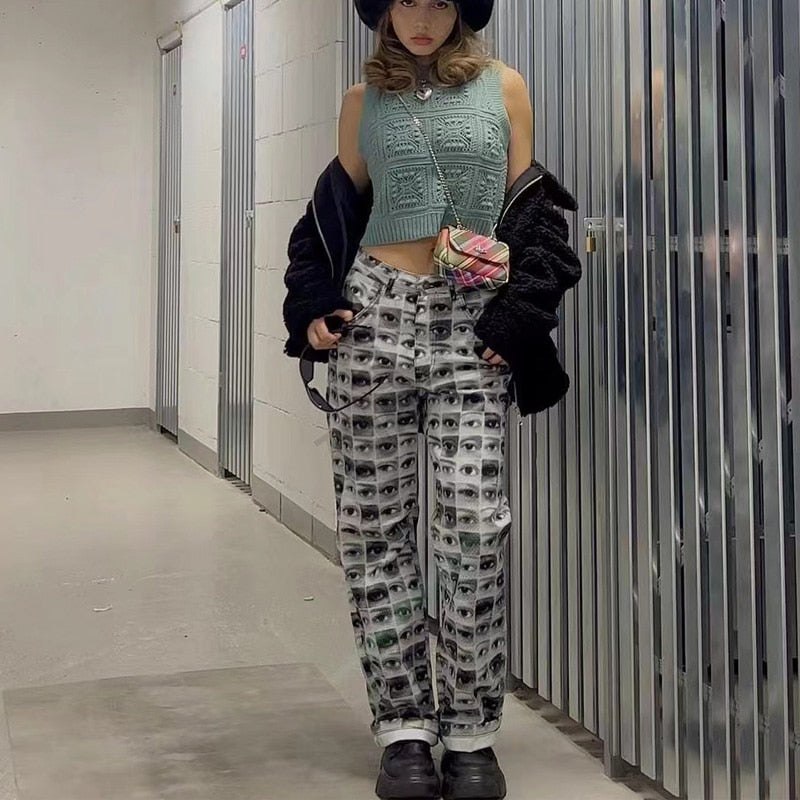 Eye Print High Waist Side Leg Pants