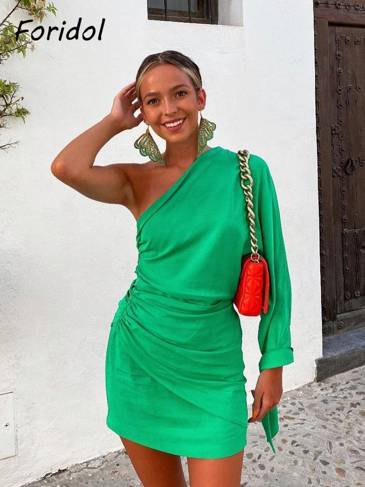 Green Lace Up One Shoulder Dress