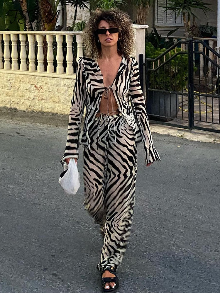 Print Long Sleeve Shirt + Pants Two Piece Set