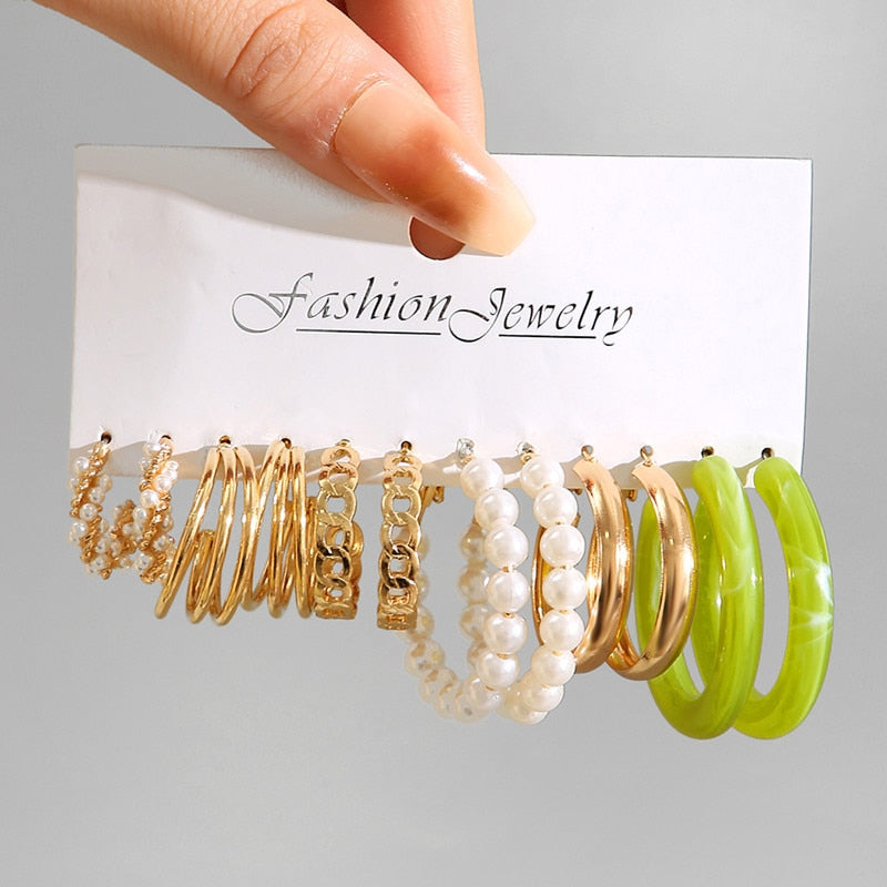 Gold Pearl Hoop Earrings Set