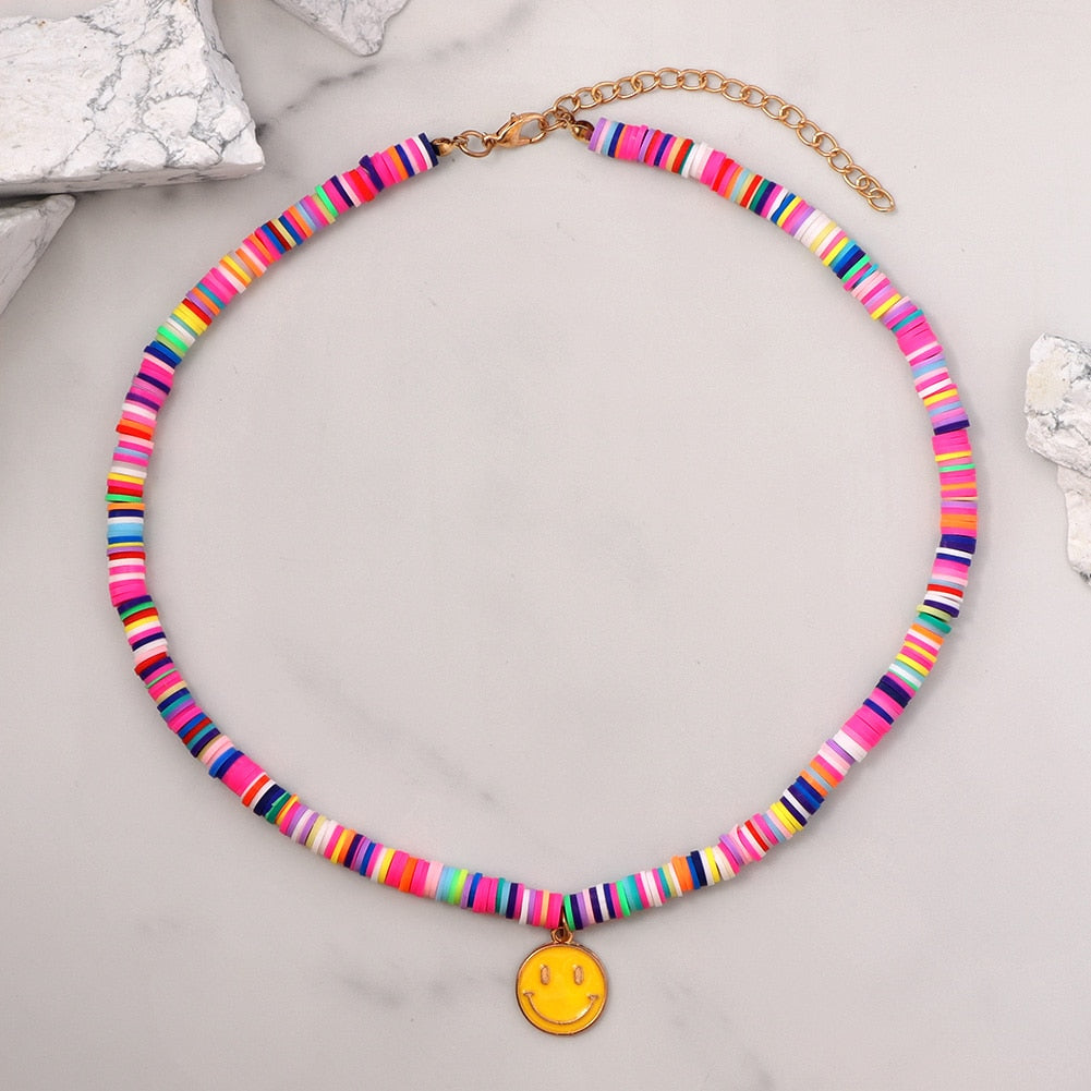 Boho Smiley Pearl Rainbow Choker Necklace