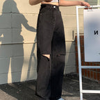 Solid Hole High Waist Jeans