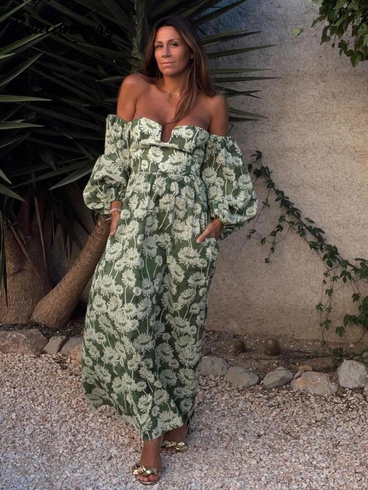 Green Floral Print Midi Dress