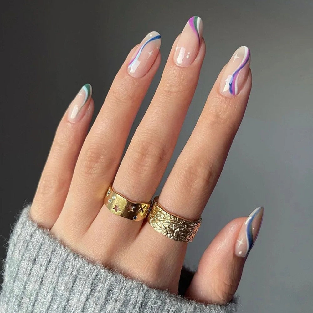 24Pcs/Box Almond Round Press On Nails Purple Lines