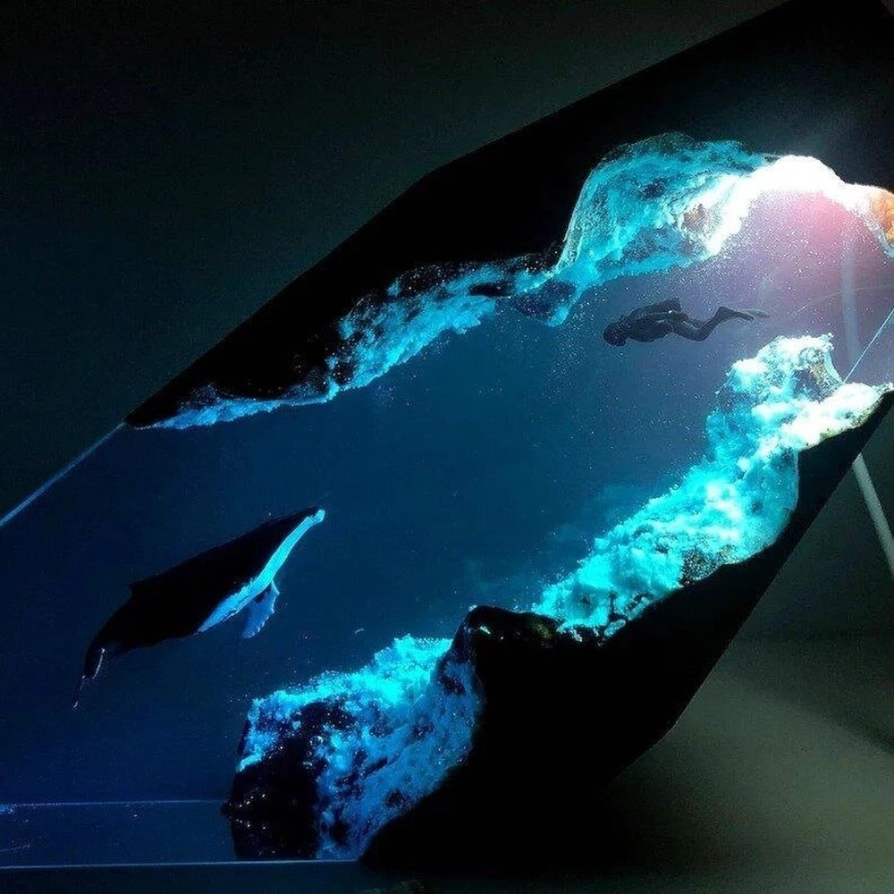 Diver and Humpback Whales Large Epoxy Resin Lamp