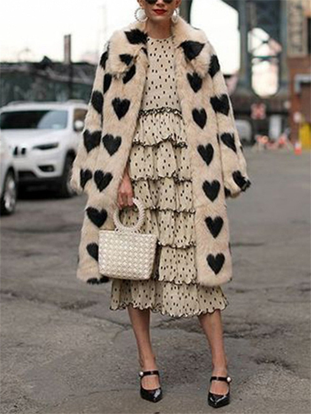 Faux Fur Coat Love Pattern Long Coat