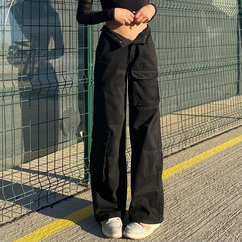 Low Rise Black Jeans Baggy Pocket