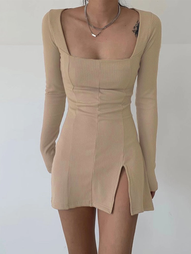 Square Neck Ribbed Black Dress