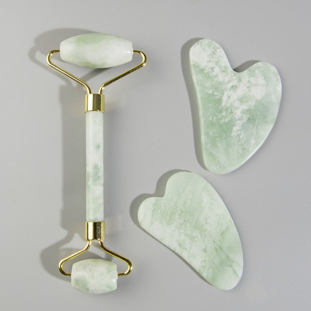 Natural Jade Face Roller Gua Sha Scraper Set