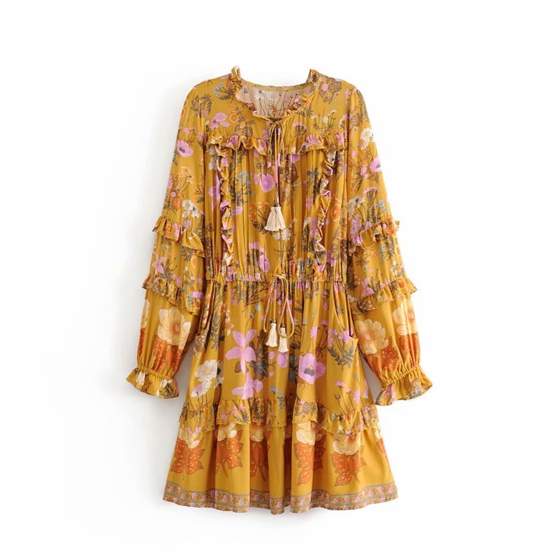 Boho Floral Print Long Sleeve Dress