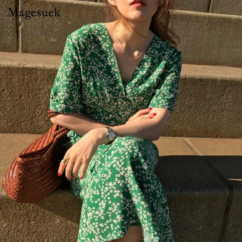 Printed Flower V-neck Dress
