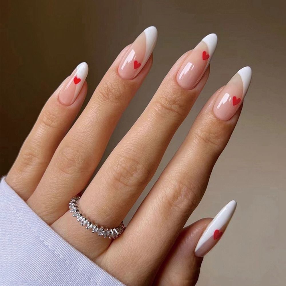 24Pcs/Set Heart WhiteFrench Stiletto Nails