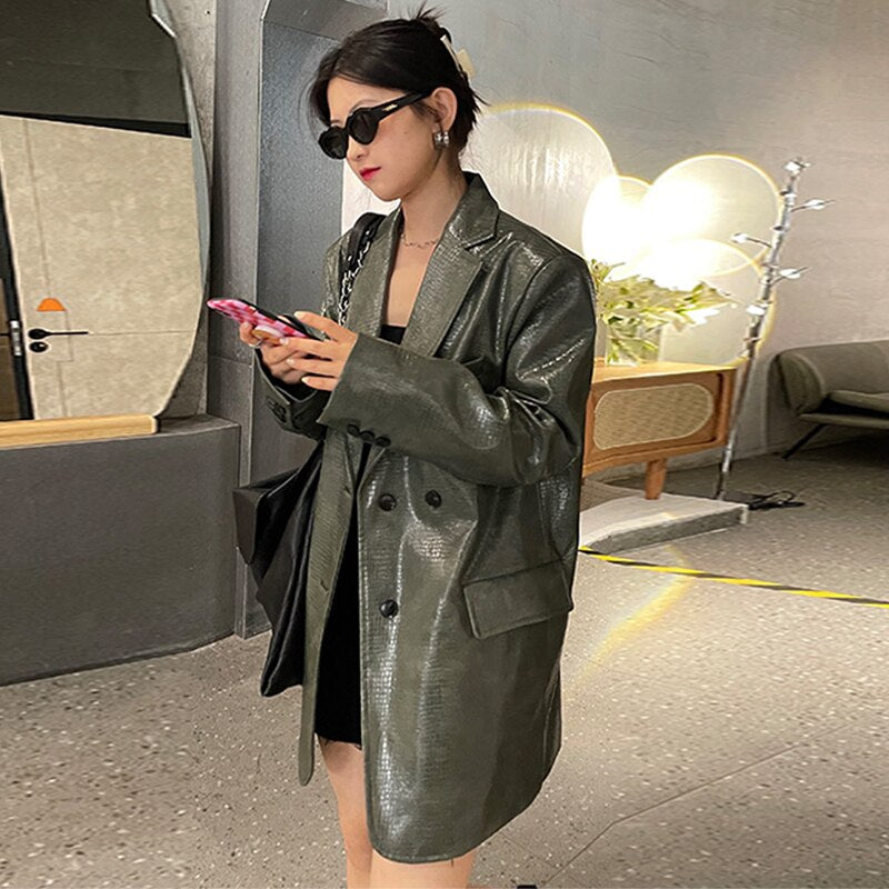 Green Crocodile Faux Leather Blazer