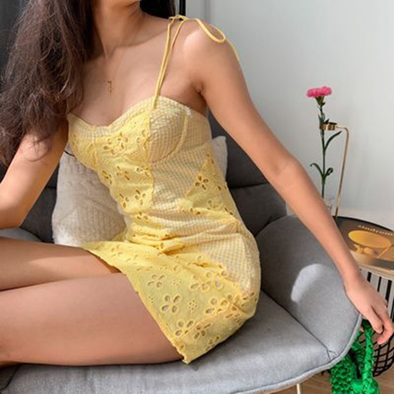 Yellow Floral Hollow Out Mini Dress