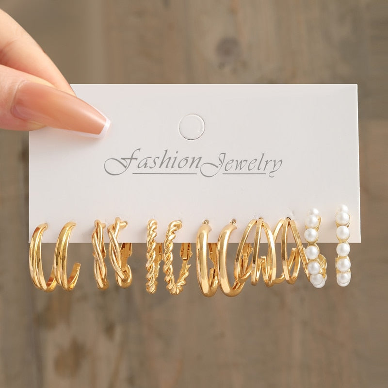 Gold Pearl Hoop Earrings Set
