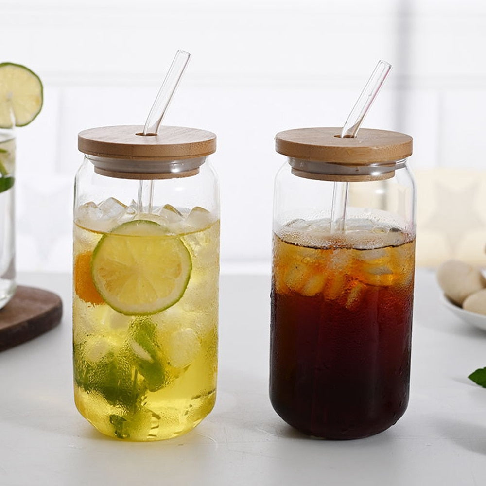 Glass Cup With Lid and Straw Transparent
