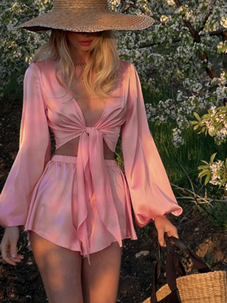 Pink Satin Mini Two Piece Set