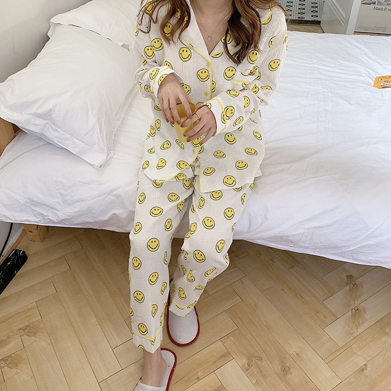 Kawaii Smiley Print Pyjamas 2 Piece Set
