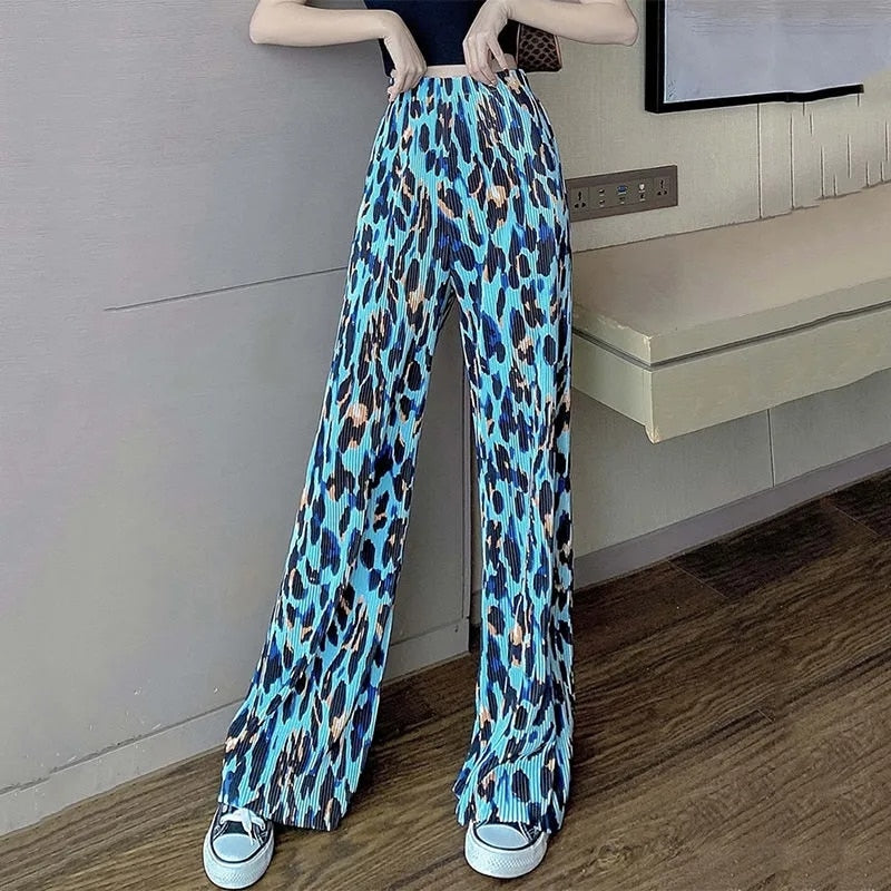 Blue Animal Print Wide Leg Trousers Pants