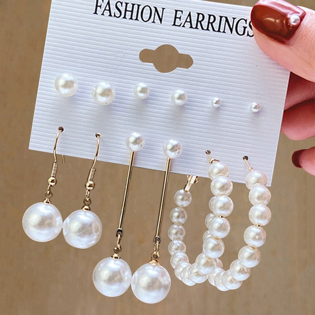 Gold Pearl Hoop Earrings Set